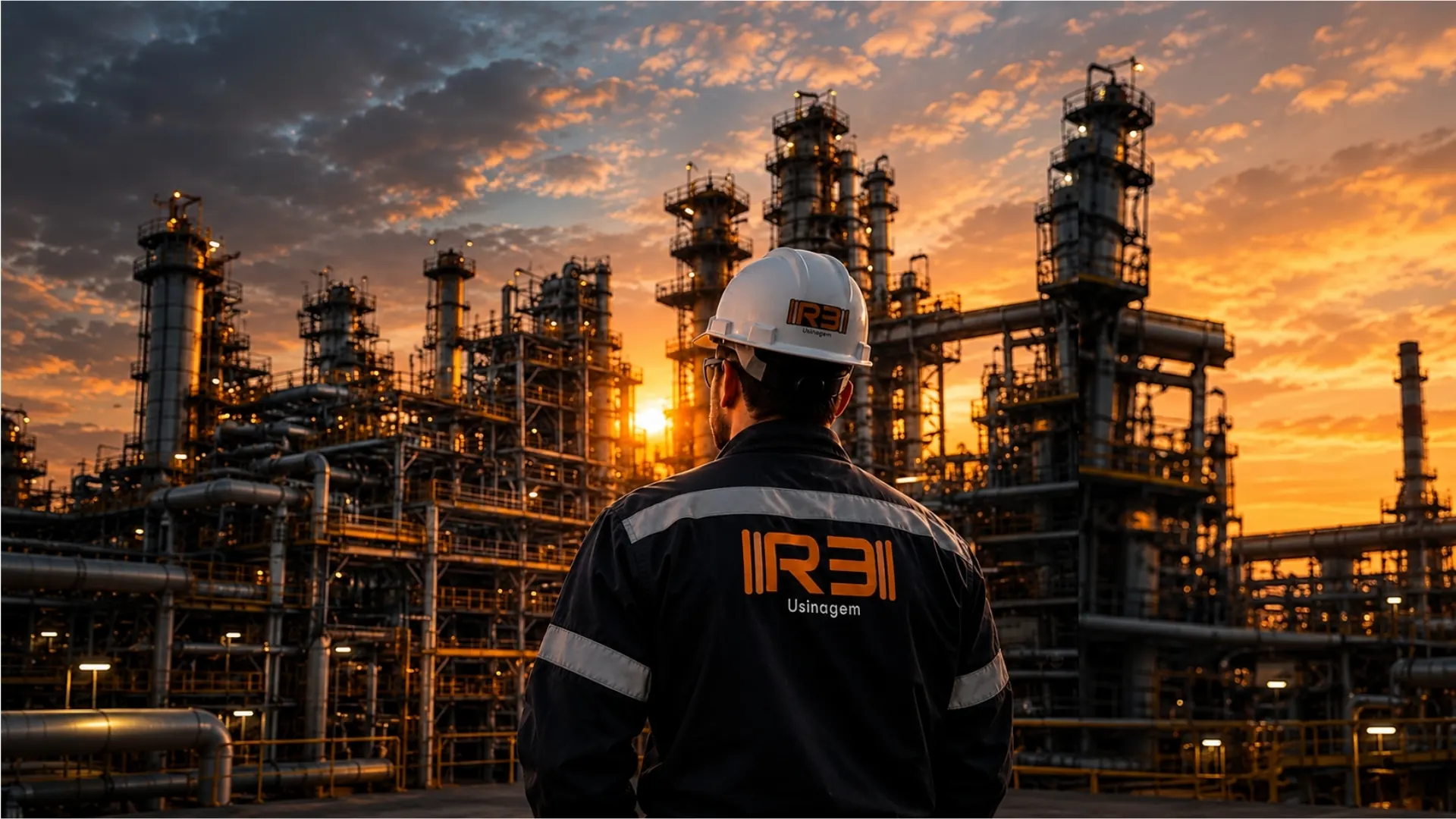Profissional da R3 Usinagem diante de uma planta industrial